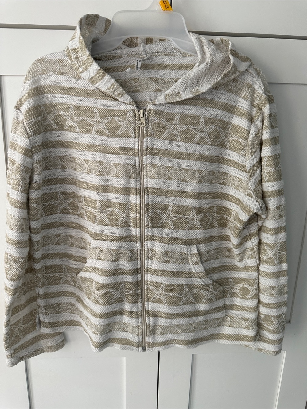 Lulu-B Hooded Zip Cardigan - White and Tan Stripes